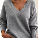 Elvira | Damen Oversize Strickpullover mit V Ausschnitt und Langarm – Grau