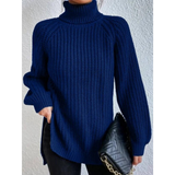 Esther | Damen Rollkragenpullover mit Strickmuster, Oversized Stil und Weitem Schnitt – Marineblau