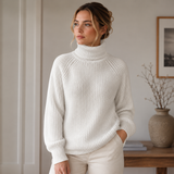Esther | Damen Rollkragenpullover mit Strickmuster, Oversized Stil und Weitem Schnitt – Weiß