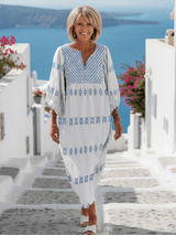 Eva | Damen Besticktes Maxikleid Langen Ärmeln – Boho Kleid Hochzeit & Abend 2026 – Weiß