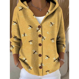 Eveline | Damen Strickjacke mit Kapuze, Knöpfen und Blumen Design – Gelb