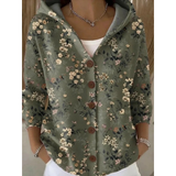 Eveline | Damen Strickjacke mit Kapuze, Knöpfen und Blumen Design – Dunkelgrün