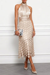 Céline | Damen Halter Midi Kleid – Champagner