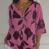 Lara Blumen V-Ausschnitt Bluse Damen | Elegant & Bequem – Rosa