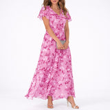 Scarlett | Florales Herbst-Hochzeits Maxikleid aus Chiffon mit Volantärmeln – Rosa