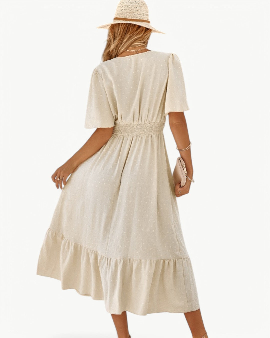 VALE | SAGE™ RENÉE – Calf-Length Dress with V-Neck and Short Sleeves