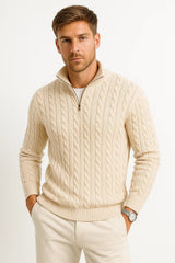 Julian | Klassischer Strickpullover mit Zopfmuster und Reißverschluss – Schwarz