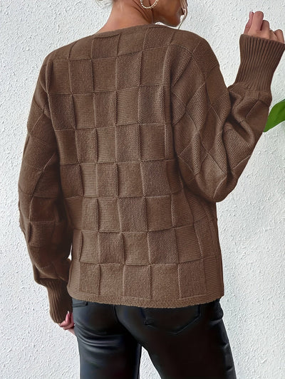 Lässiger Damenpullover aus Baumwolle mit Rundhalsausschnitt und Karierten Langen Ärmeln für Damen | Ideal für den Winter