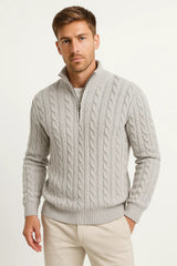 Julian | Klassischer Strickpullover mit Zopfmuster und Reißverschluss – Marineblau