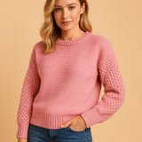 Charlotte | Weicher Damen Strickpullover Mit Zopfmuster-Ärmeln – Rosa