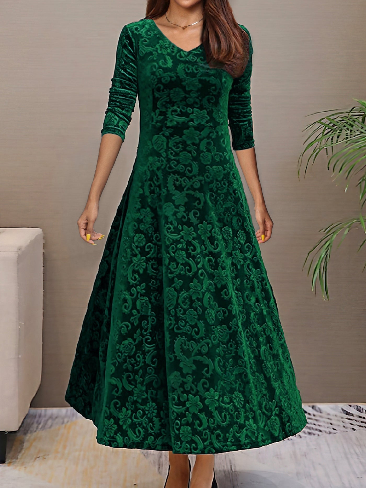 Stilvolles Samtkleid mit Blumenmuster, V-Ausschnitt und langen Ärmeln für Damen | Ideal für den Sommer