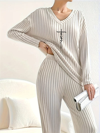 Damen Freizeit-Rippenoberteil mit „Faith“-Print und V-Ausschnitt | Ideal für Active Wear