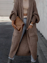 Damen Maxi Cardigan mit langen Ärmeln und Taschen – Kaffee