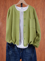 Eugenia | Damen Rundhals-Cardigan mit Knöpfen und Tasche – Hellgrün