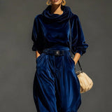Damen-Set aus Samt-Hoodie und Hose mit Gürtel – Blau