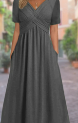 Damen Kurzarm V-Ausschnitt Maxikleid – Dunkelgrau