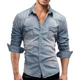 Erich | Herren Freizeit Knopf-Vorderseite Taschenhemd – Blauer Denim