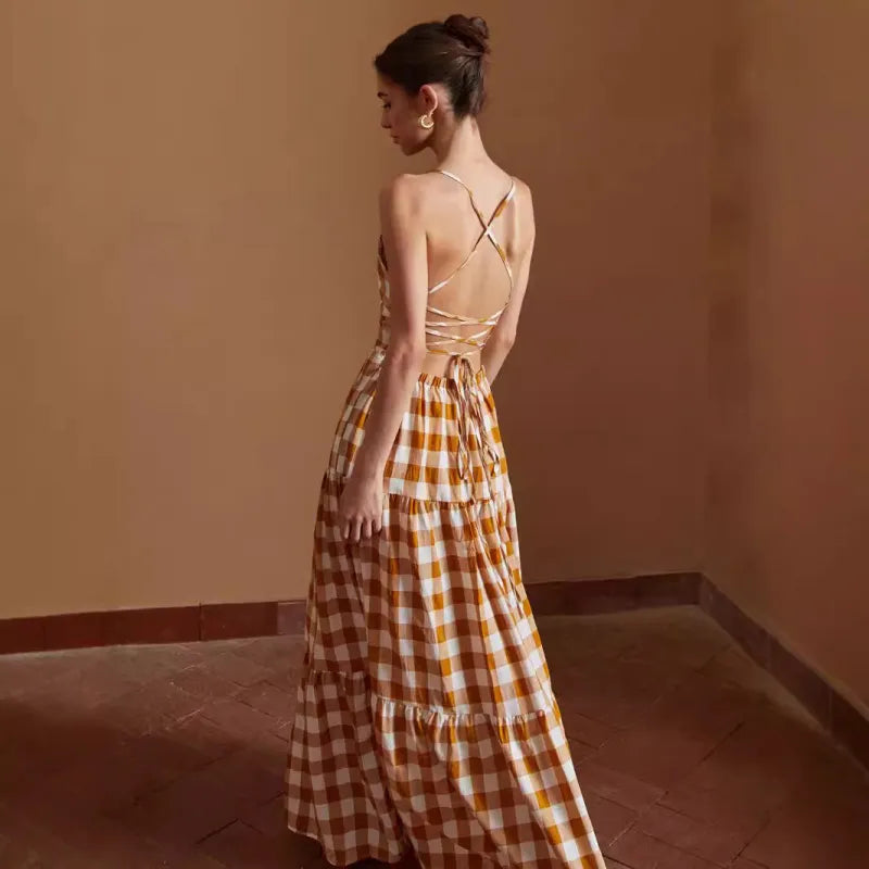 Daphne - Lässiges gebundenes Kleid kariert rückenfrei