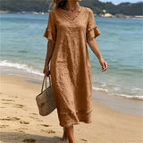 Bruhildda | Boho-Kleid aus Baumwolle mit Quastenbesatz – Khaki