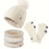 3-teiliges Winterset für Damen mit Mütze, Schal und Handschuhen – Weiß