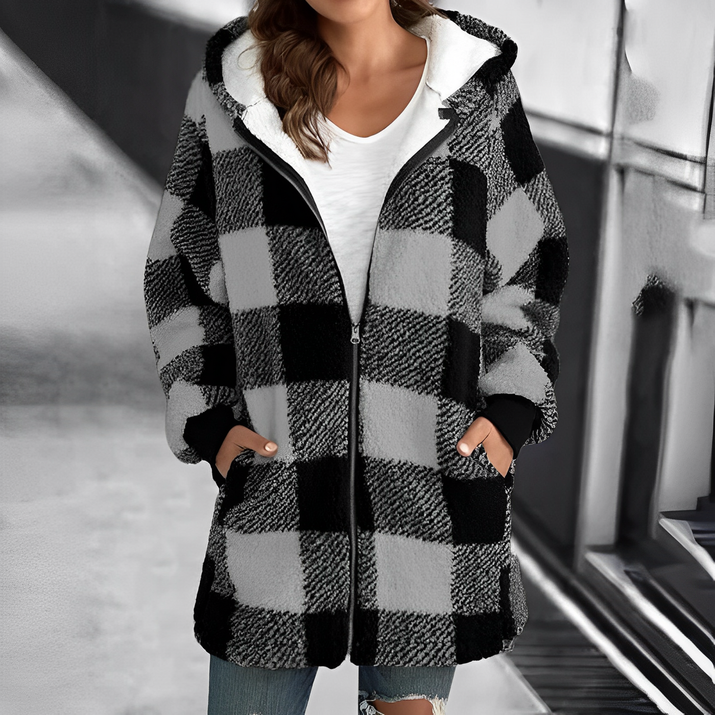 Gemütliche karierte Kapuzenjacke mit Reißverschluss für Frauen