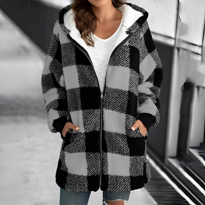 Gemütliche karierte Kapuzenjacke mit Reißverschluss für Frauen