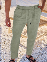 Herren Weit Geschnittene Leinenhose – Freizeit Sommerhose Mit Kordelzug – Grün