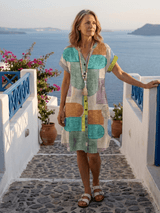 Frieda | Damen Knielanges Kleid V-Ausschnitt – Lässiges Sommerkleid Büro & Alltag 2026 – Geometrisch