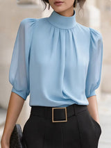 Valessique - Plissee-Bluse mit Stehkragen – Blau
