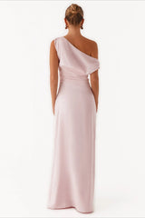 Damen Einfarbiges Maxikleid Mit Asymmetrischem Ausschnitt – Abendkleid – Rosa