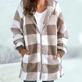 Fia | Damen Karierte Strickjacke mit Kapuze und Reißverschluss – Khaki