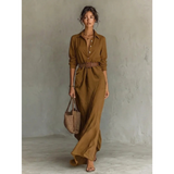 Fiona | Damen Langarm Maxikleid mit Knöpfen und Taillengürtel – Khaki