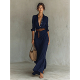 Fiona | Damen Langarm Maxikleid mit Knöpfen und Taillengürtel – Marineblau
