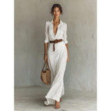 Fiona | Damen Langarm Maxikleid mit Knöpfen und Taillengürtel – Weiß