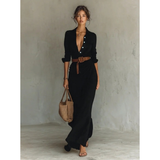 Fiona | Damen Langarm Maxikleid mit Knöpfen und Taillengürtel – Schwarz