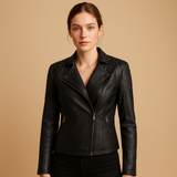 Damen-Bikerjacke aus Kunstleder mit Reißverschluss – Schwarz