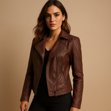 Damen-Bikerjacke aus Kunstleder mit Reißverschluss – Kaffee