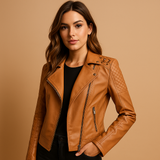 Damen-Bikerjacke aus Kunstleder mit Reißverschluss – Camel
