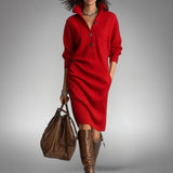 Fjorika | Damen Strickkleid Oversize Midi – Rot