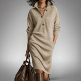 Fjorika | Damen Strickkleid Oversize Midi – Beige