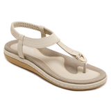 Flache Damen-Sandalen mit T-Riemen und Metalldetail – Beige
