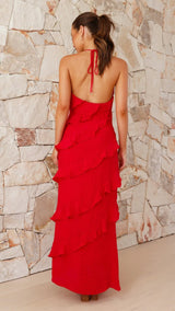 Fließendes Volant Maxikleid – Rot