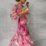 Florales Maxikleid mit Ärmeln – Rosa