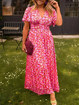 Frieda | Damen Blumenprint Maxikleid V-Ausschnitt – Rosa