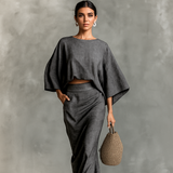 Set aus Batwing-Oberteil und Maxirock aus Leinenmischung für Damen – Dunkelgrau