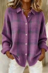 Gerdrun | Damen Karierte Strickjacke mit Knöpfen – Lila