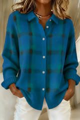 Gerdrun | Damen Karierte Strickjacke mit Knöpfen – Blau
