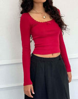 Geripptes Langarm-Top mit Spitze – Rot