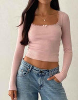 Geripptes Langarm-Top mit Spitze – Rosa