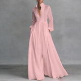 Gesine | Damen Fließendes Langarm Maxikleid mit Kragen – Rosa